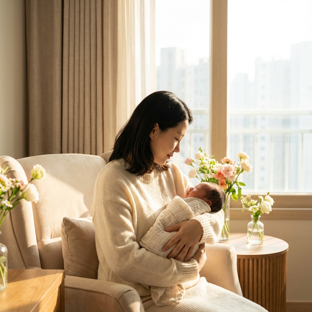 Korean mother holding baby